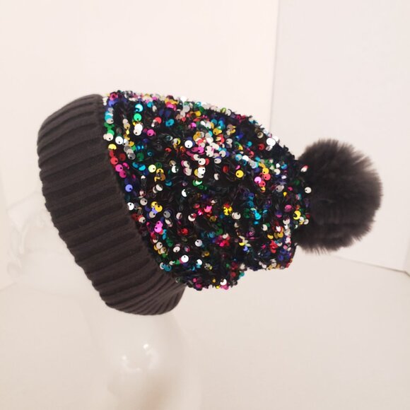 Dull Black Colorful Sequin Winter Beanie Bobble Hat - Picture 5 of 14